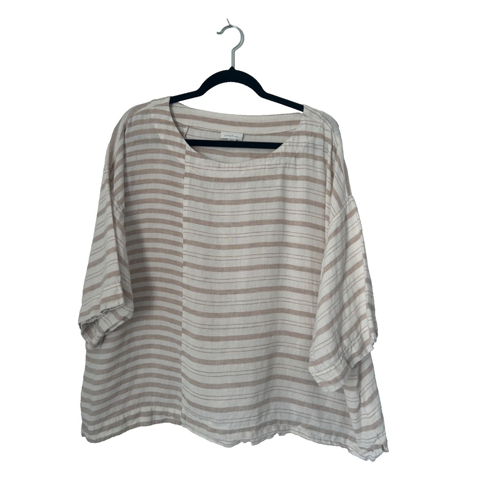 Pure Jill 100% Linen Size L Asymmetrical Boxy Top Cream Neutral Stripe Lagenlook